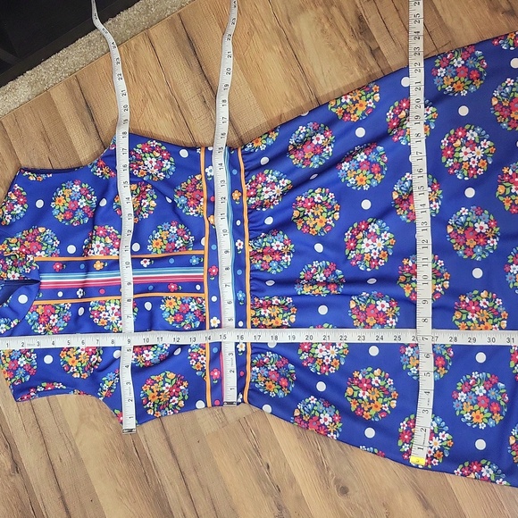 Vtg YVES JENNET Groovy 70s Blue Foral Polka Dot Sleeveless Maxi Dress - Picture 10 of 12